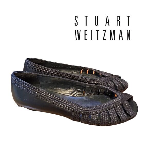 Stuart Weitzman Women's Black Braided Peep Toe Slip On Flats 8 - Picture 2 of 5